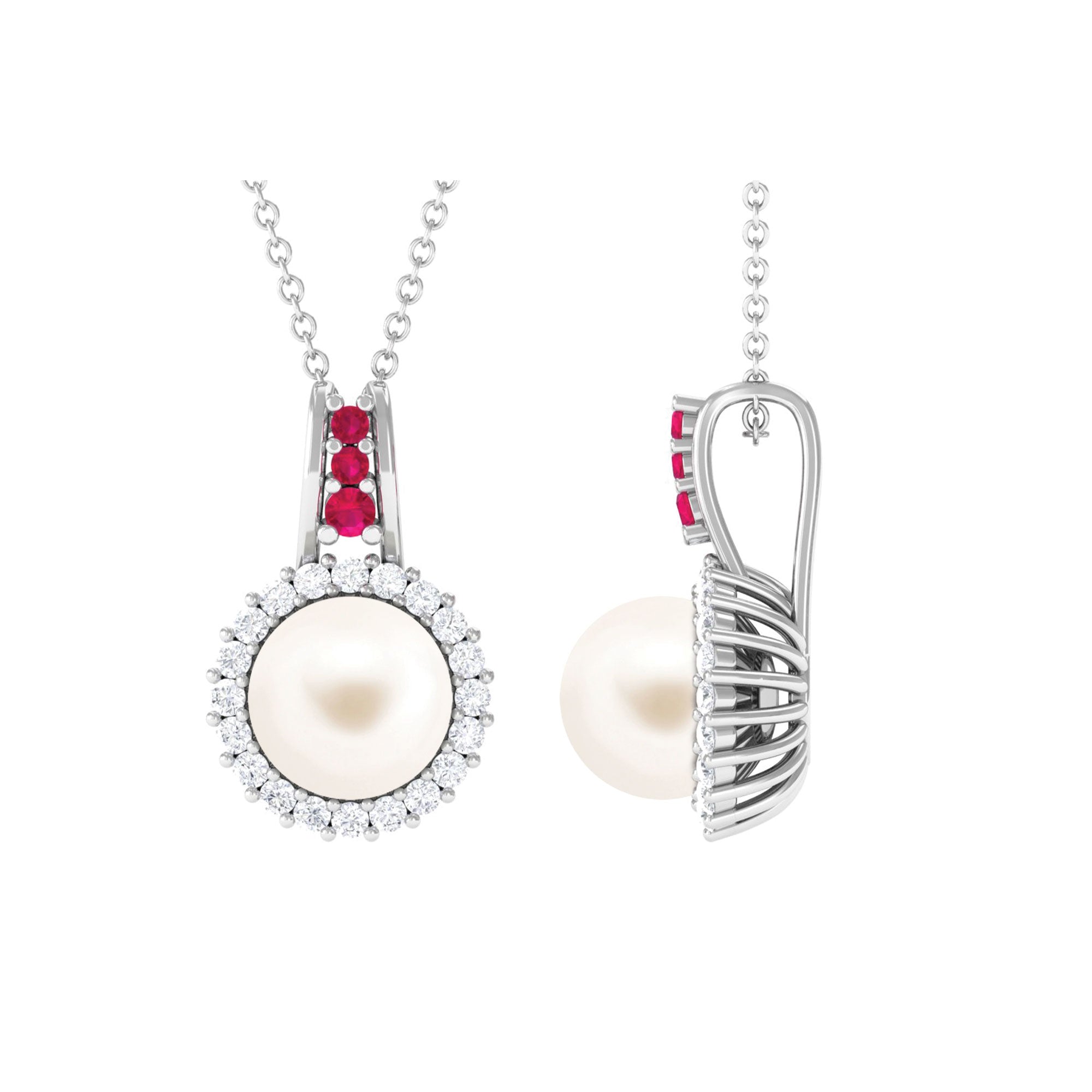 White Pearl Drop Pendant Necklace with Ruby and Diamond Freshwater Pearl - ( AAA ) - Quality - Arisha Jewels