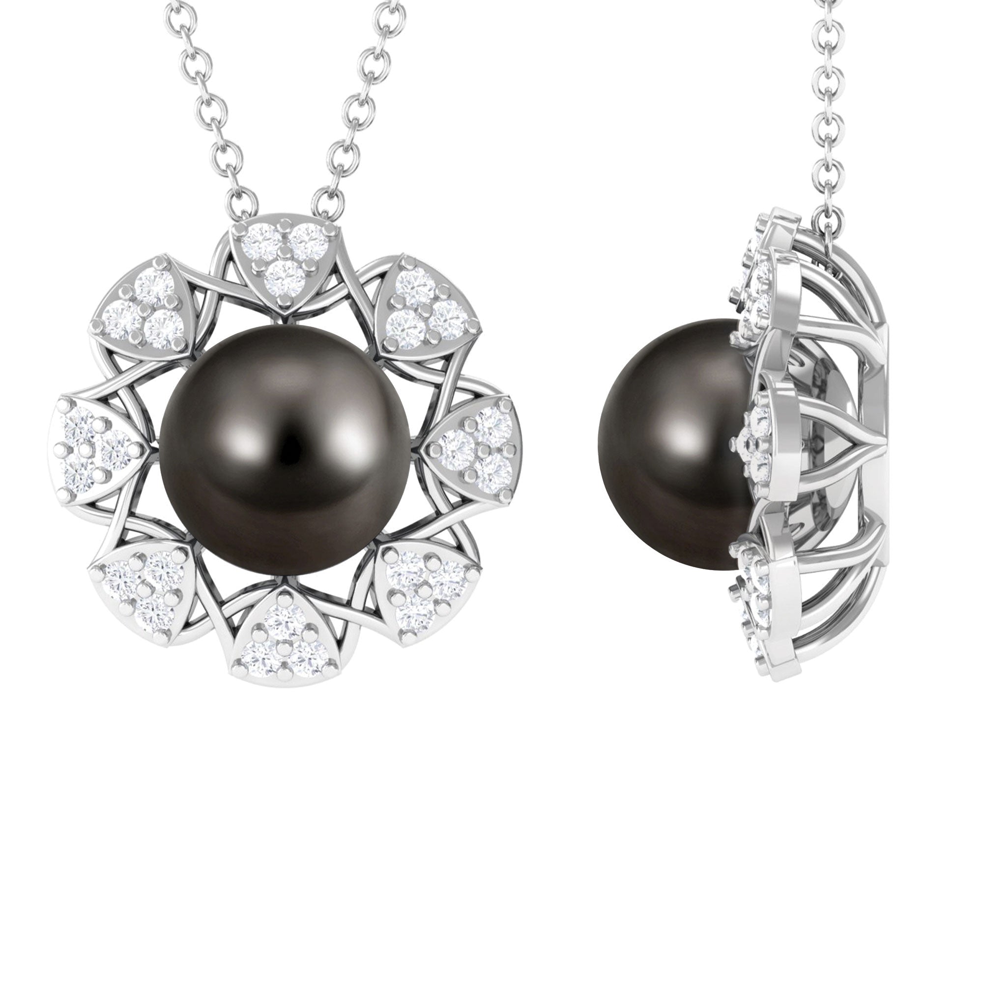 Classic Black Tahitian Pearl Floral Pendant with Diamond Tahitian pearl - ( AAA ) - Quality - Arisha Jewels