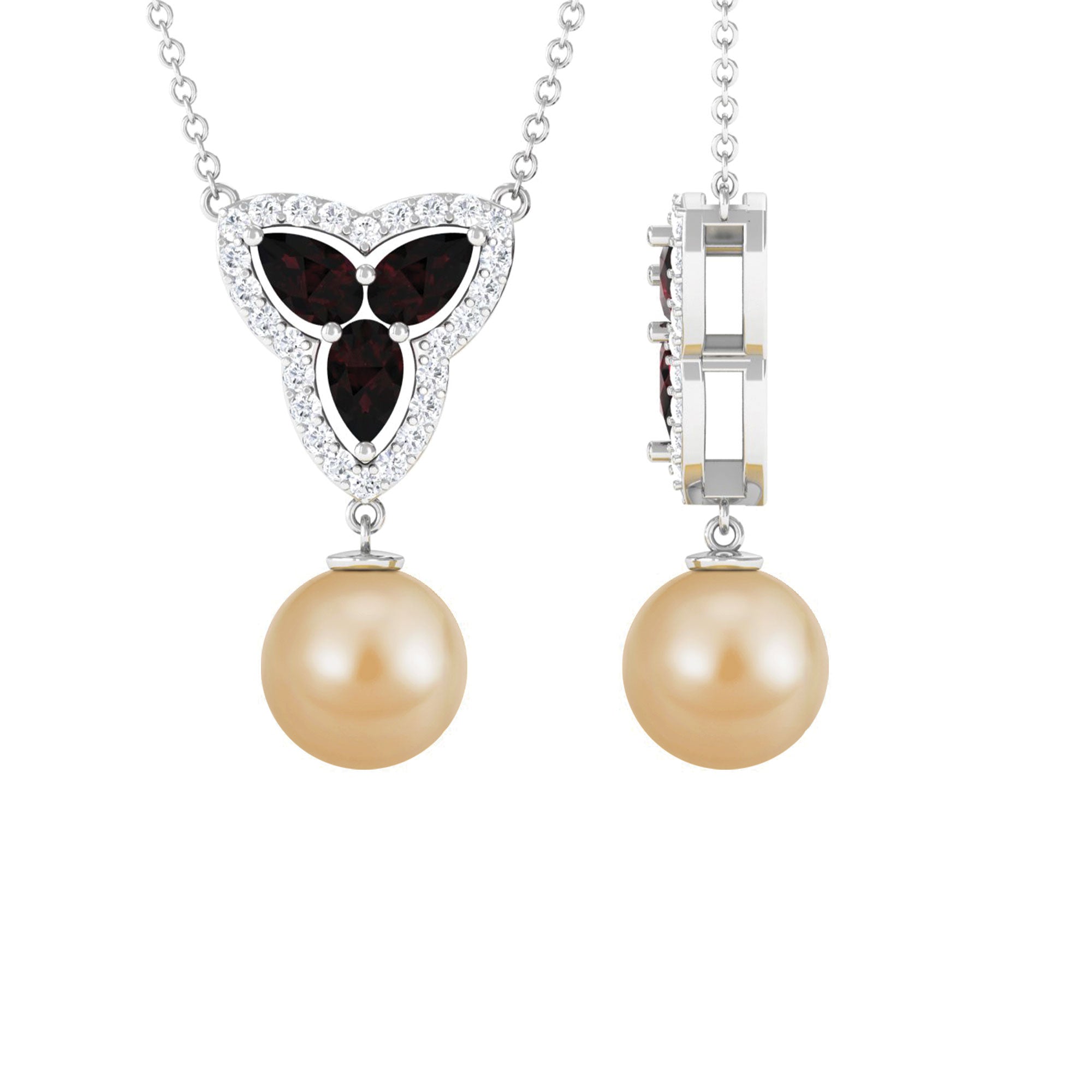 Vintage Inspired South Sea Pearl Drop Necklace with Garnet and Diamond South Sea Pearl - ( AAA ) - Quality - Arisha Jewels