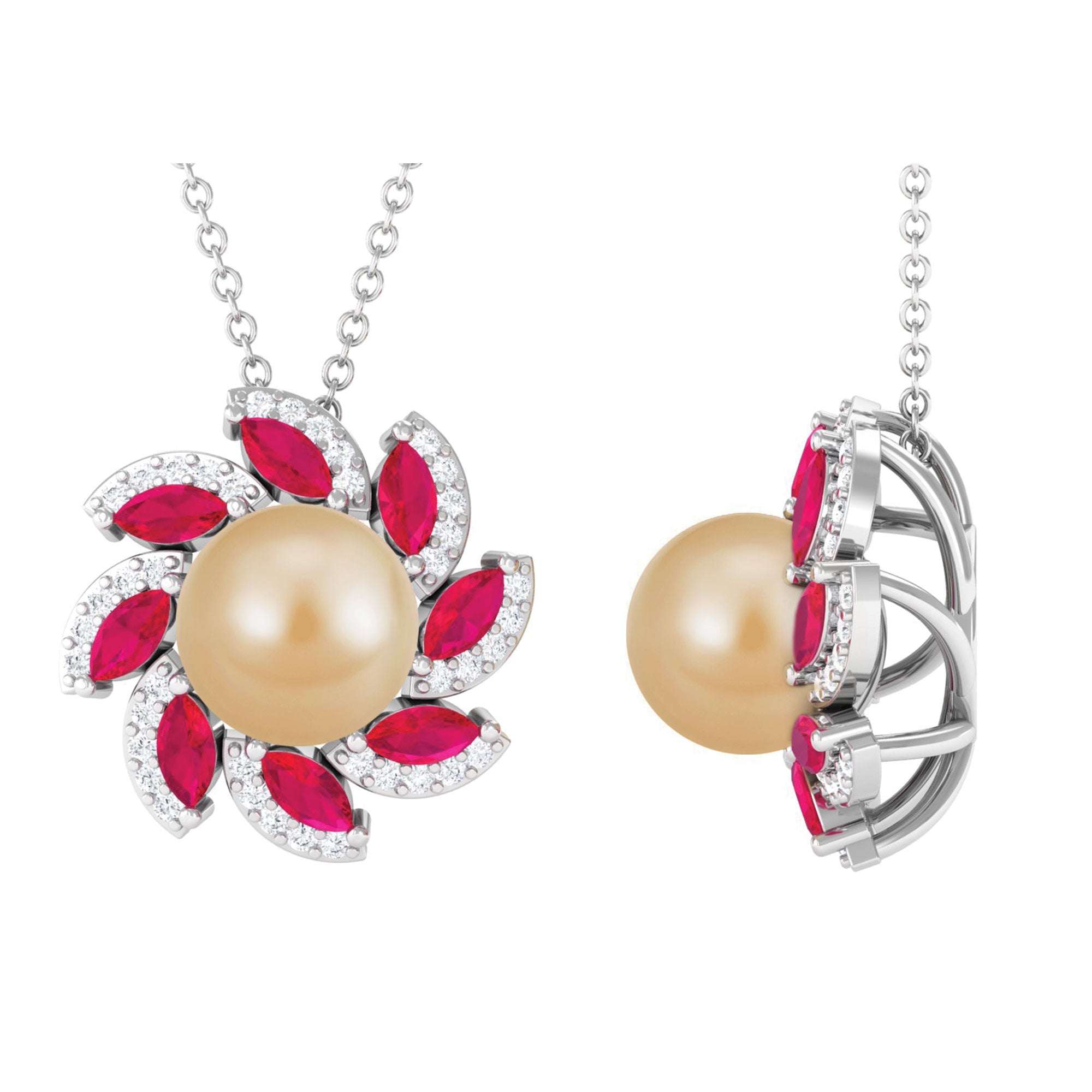 Nature Inspired South Sea Pearl Flower Pendant with Ruby South Sea Pearl - ( AAA ) - Quality - Arisha Jewels