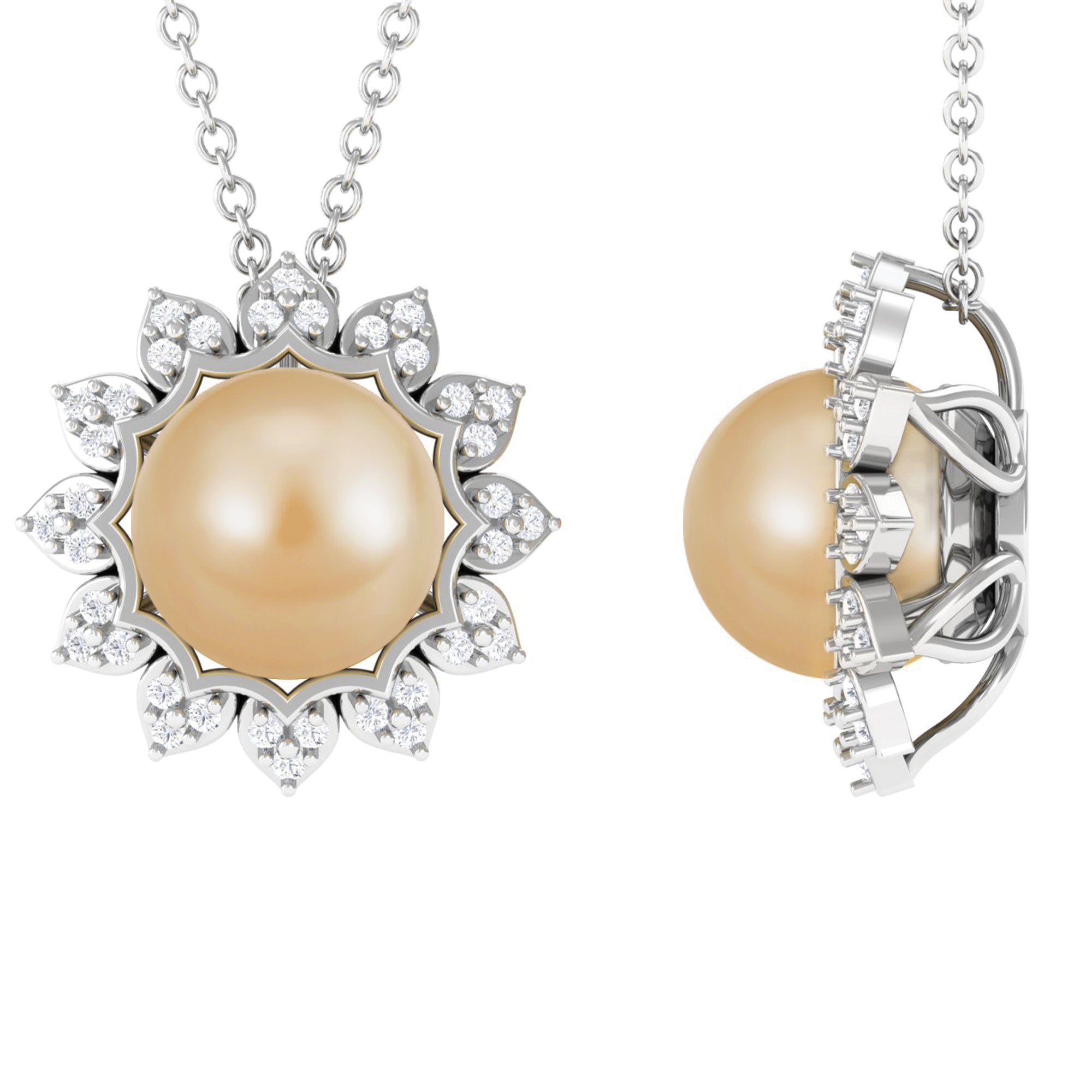 Golden South Sea Pearl Floral Pendant Necklace with Diamond South Sea Pearl - ( AAA ) - Quality - Arisha Jewels