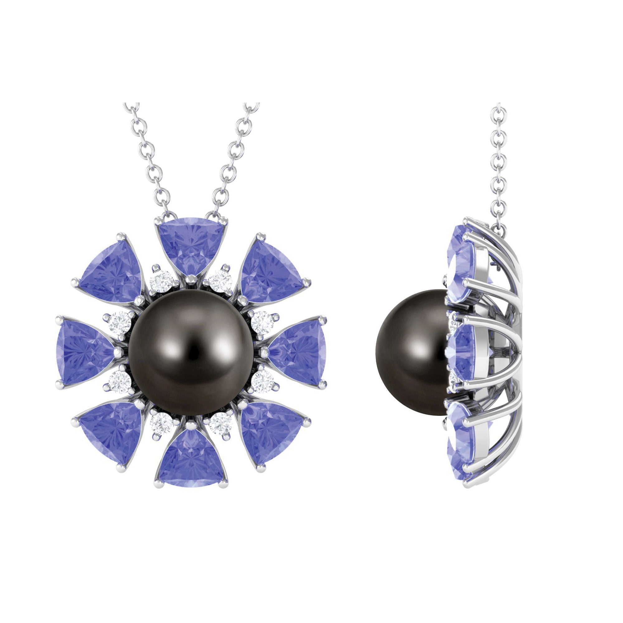 Black Pearl Floral Pendant Necklace with Tanzanite Tahitian pearl-AAA Quality - Arisha Jewels