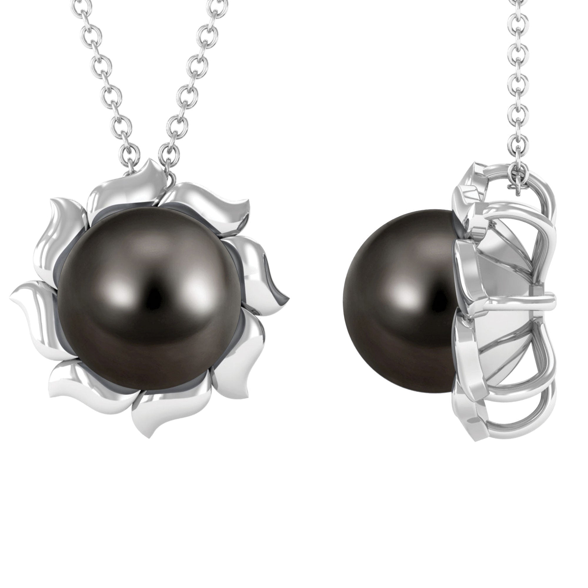 9 MM Black Pearl Solitaire Pendant Necklace with Floral Petals Tahitian pearl - ( AAA ) - Quality - Arisha Jewels