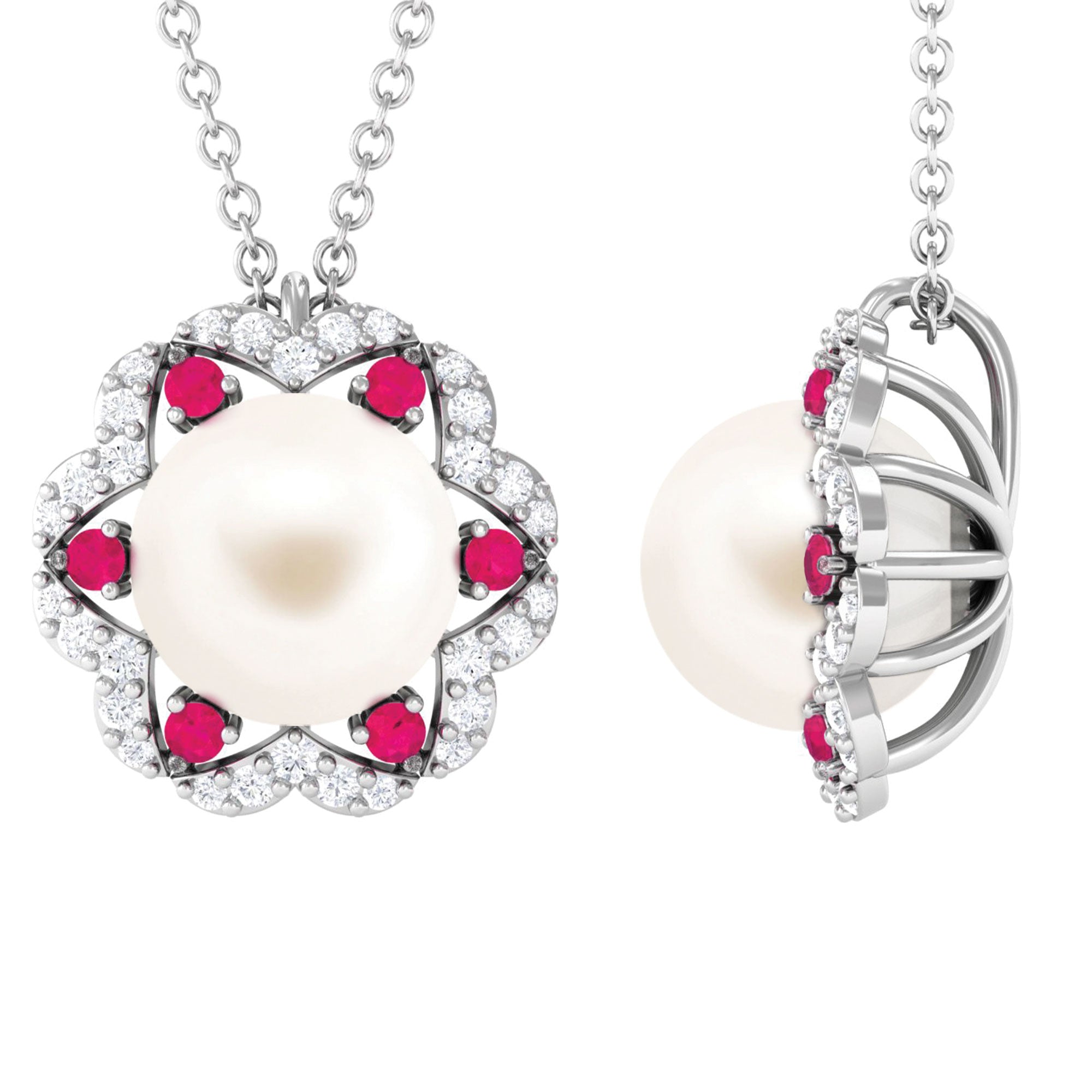 White Freshwater Pearl Statement Pendant with Ruby and Diamond Freshwater Pearl - ( AAA ) - Quality - Arisha Jewels