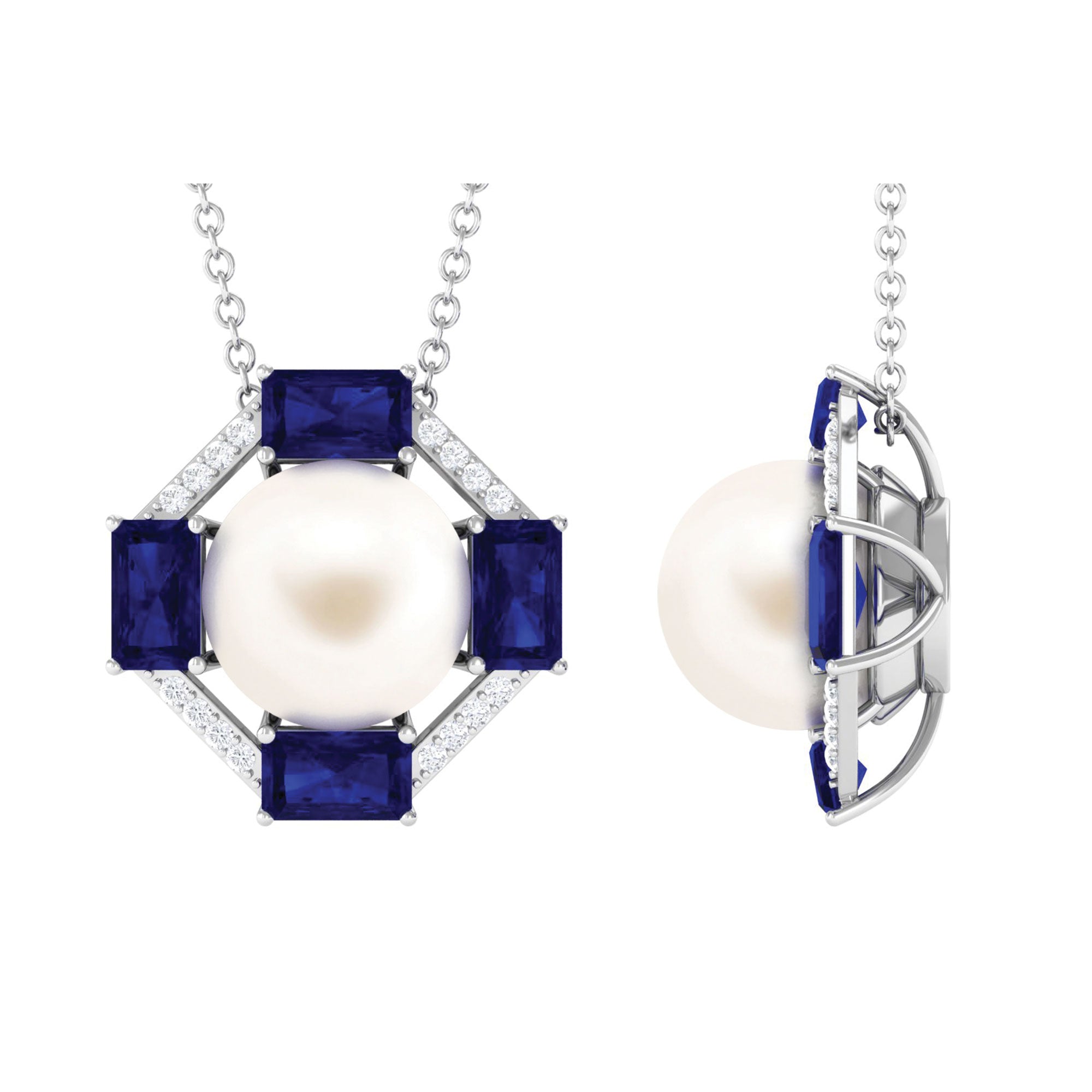 Real Freshwater Pearl Contemporary Halo Pendant with Blue Sapphire and Diamond Freshwater Pearl - ( AAA ) - Quality - Arisha Jewels