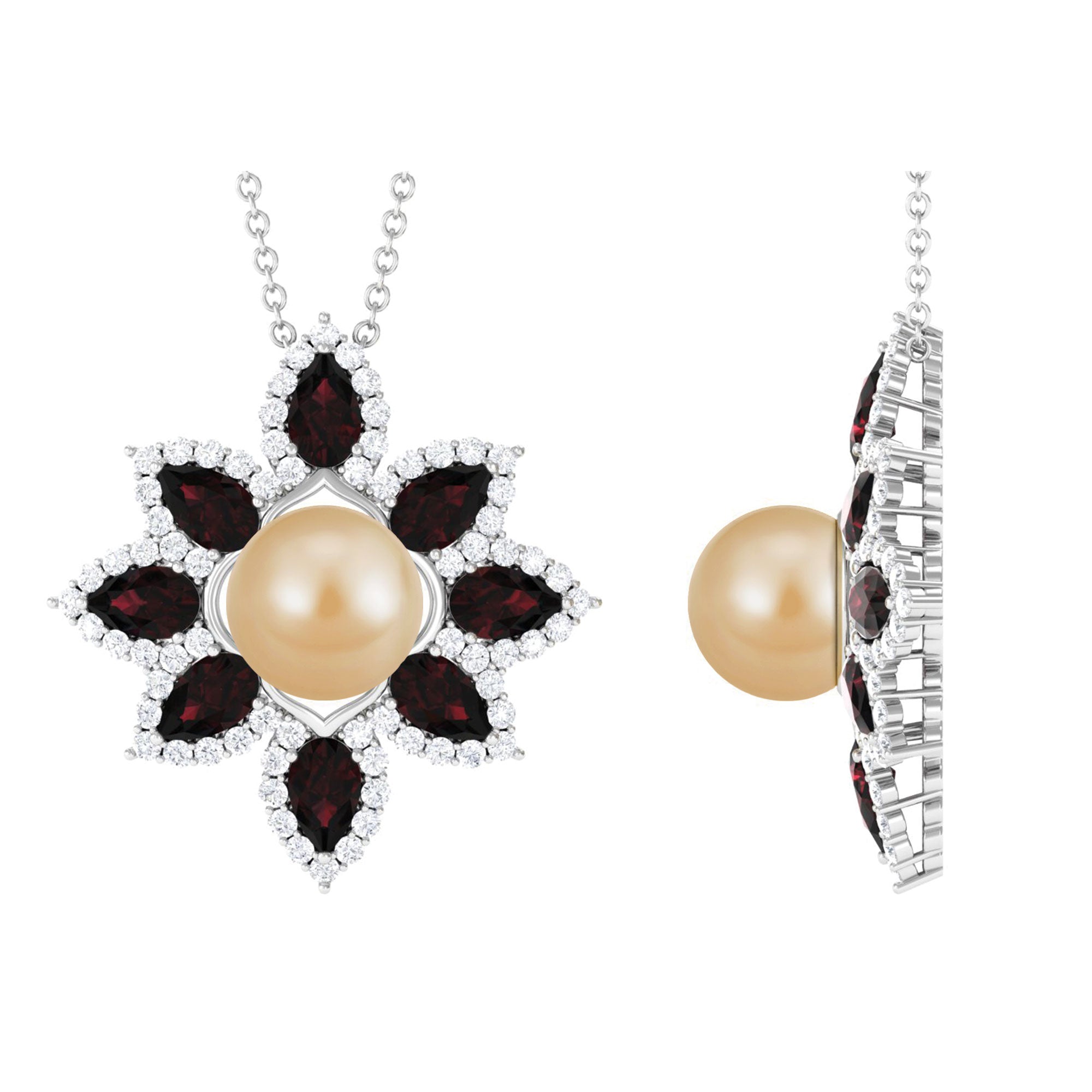 South Sea Pearl Flower Pendant Necklace with Garnet and Diamond South Sea Pearl-AAA Quality - Arisha Jewels