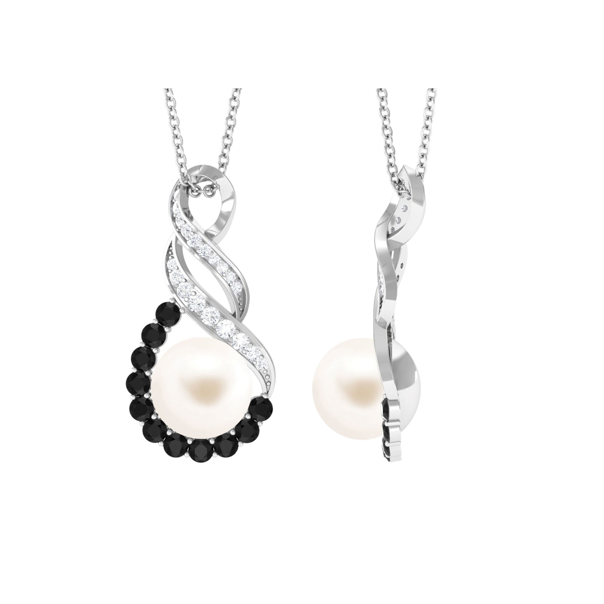 Freshwater Pearl Infinity Dangle Pendant with Black and White Diamond Freshwater Pearl - ( AAA ) - Quality - Arisha Jewels