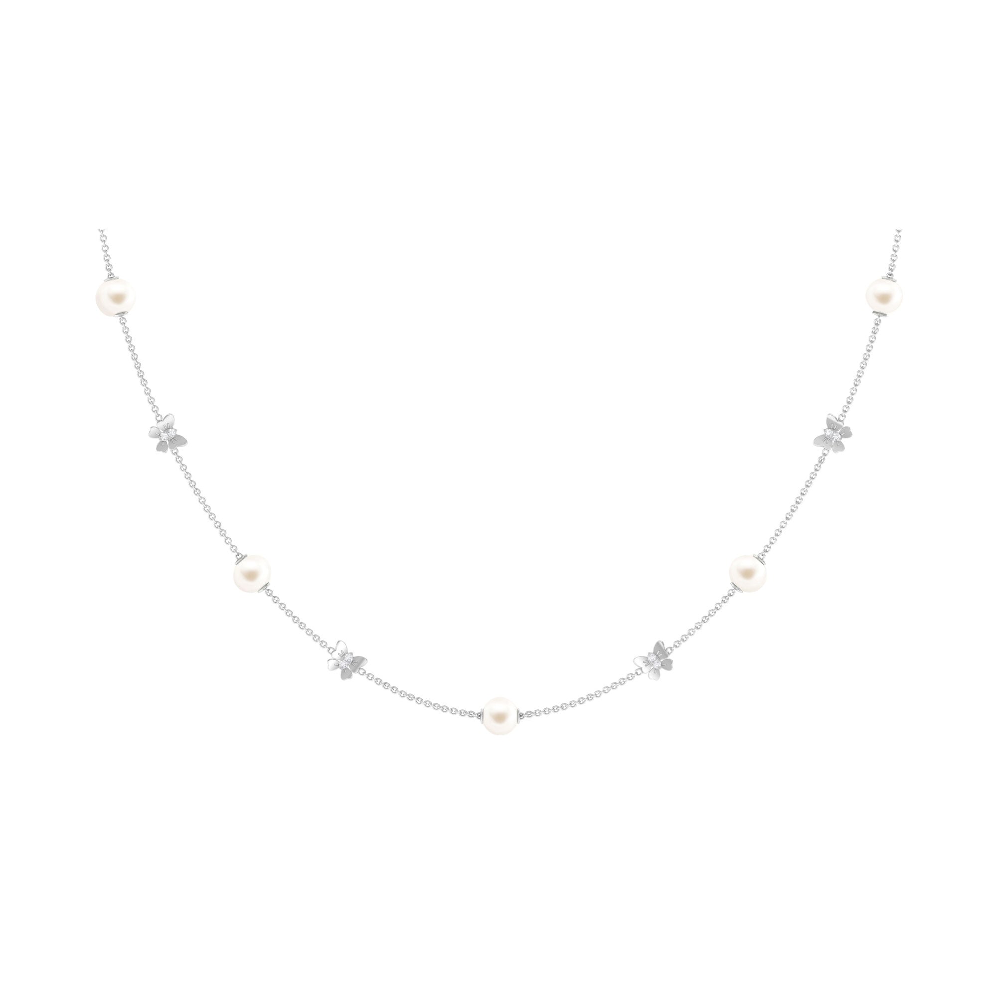 Animal Inspired Freshwater Pearl Station Chain Necklace with Diamond Freshwater Pearl - ( AAA ) - Quality - Arisha Jewels