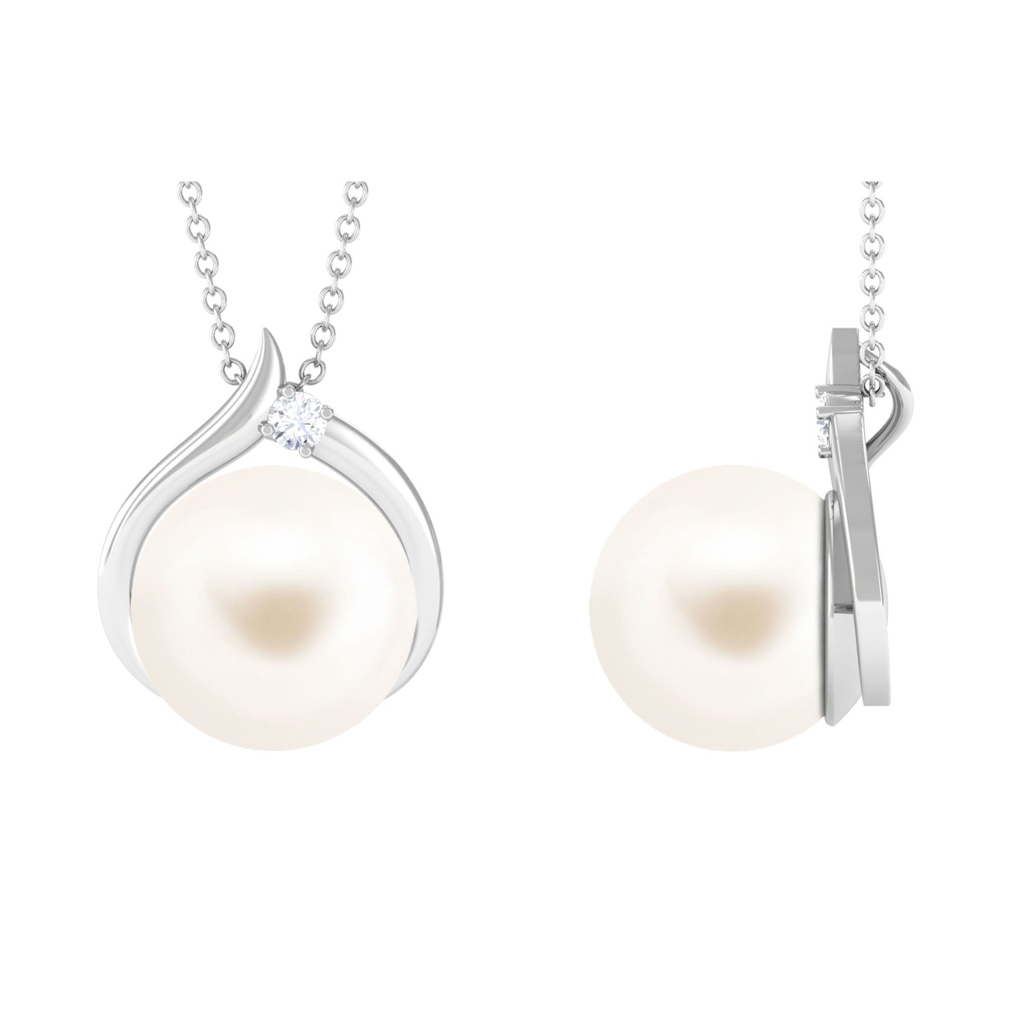Handpicked White Pearl Solitaire Pendant with Diamond Freshwater Pearl - ( AAA ) - Quality - Arisha Jewels
