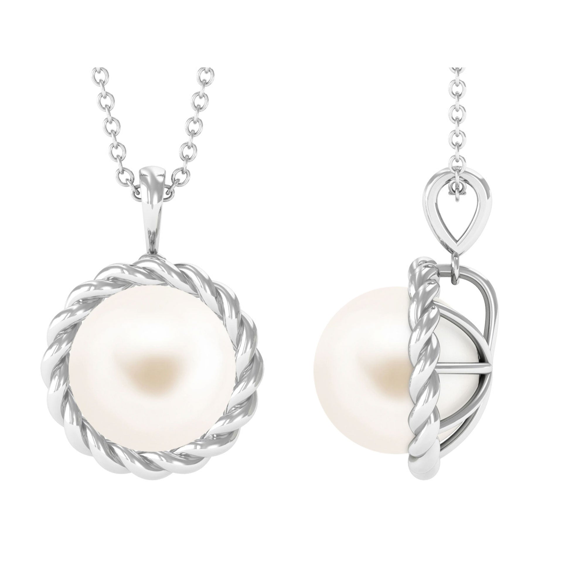 Solitaire White Pearl Pendant in Twisted Rope Frame Freshwater Pearl - ( AAA ) - Quality - Arisha Jewels