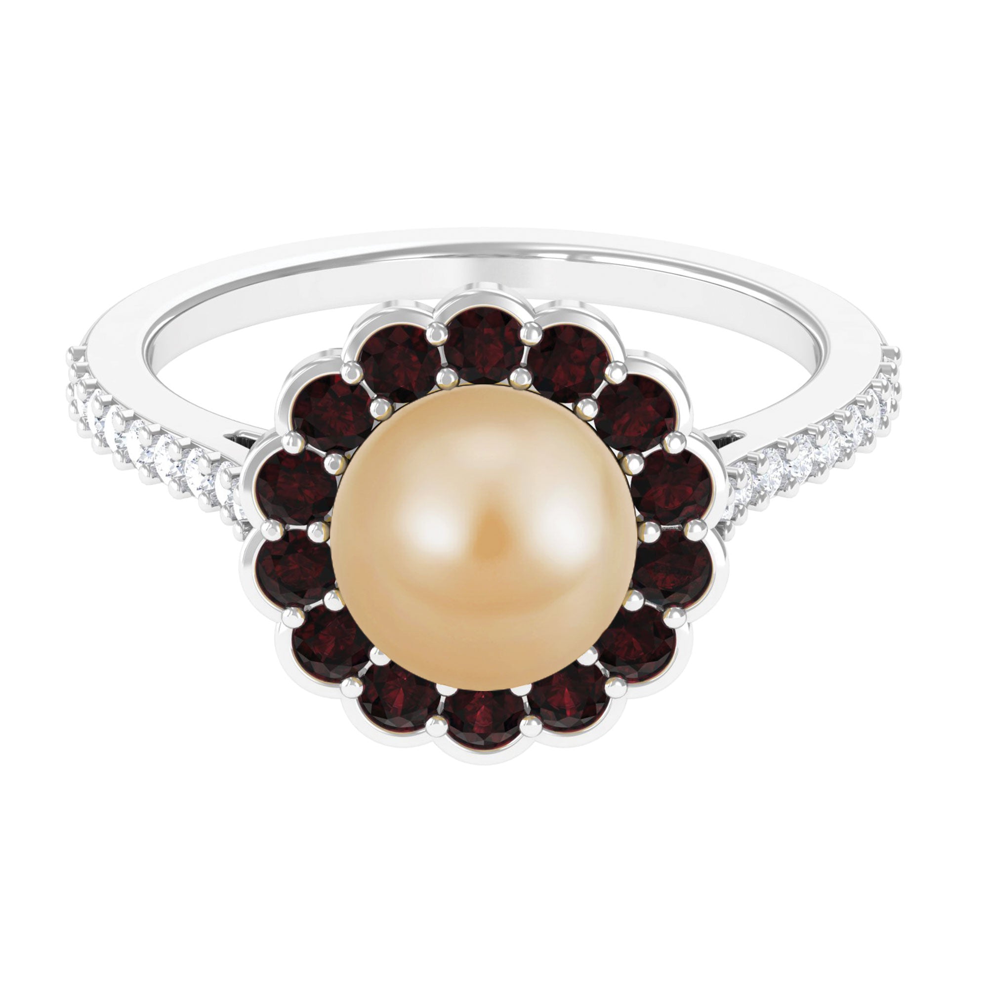 South Sea Pearl Halo Engagement Ring with Garnet and Diamond South Sea Pearl-AAA Quality - Arisha Jewels