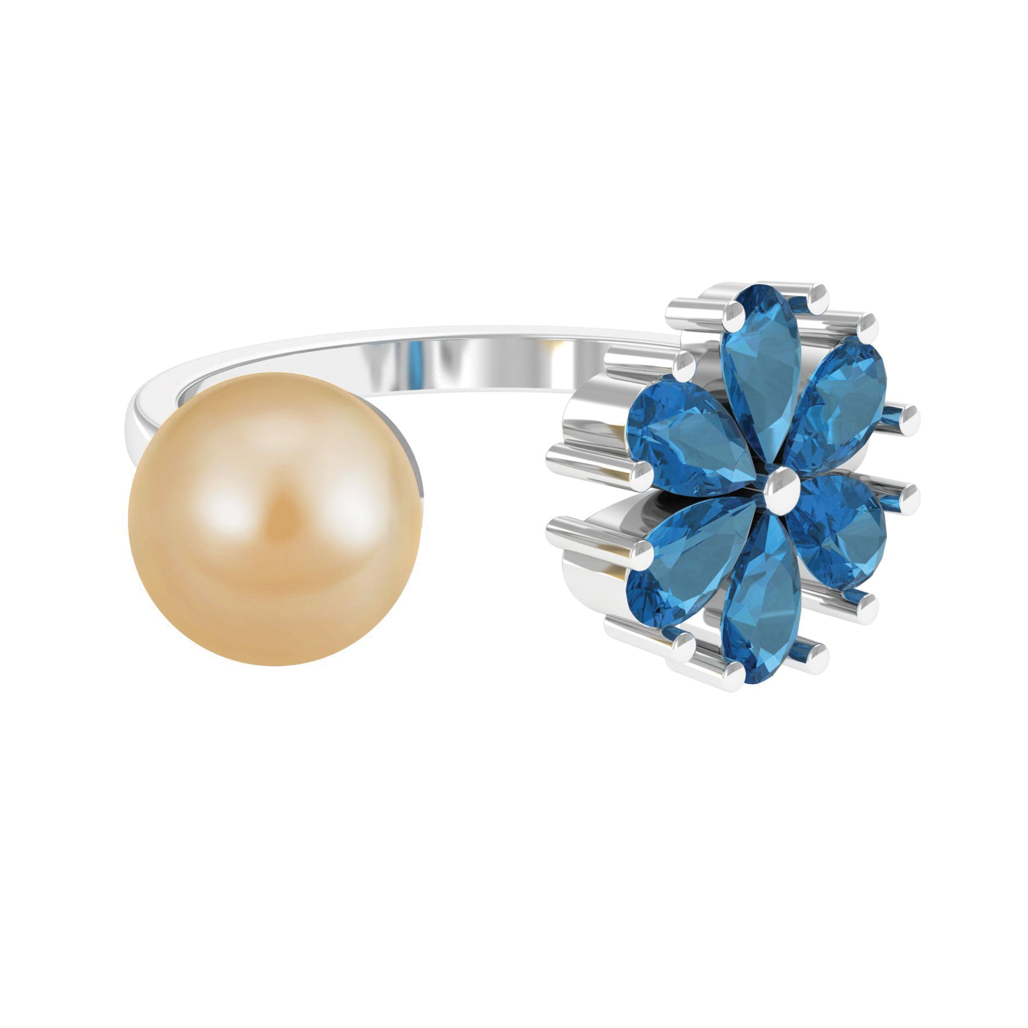 Nature Inspired South Sea Pearl Cuff Ring with Blue Topaz Flower South Sea Pearl-AAA Quality - Arisha Jewels