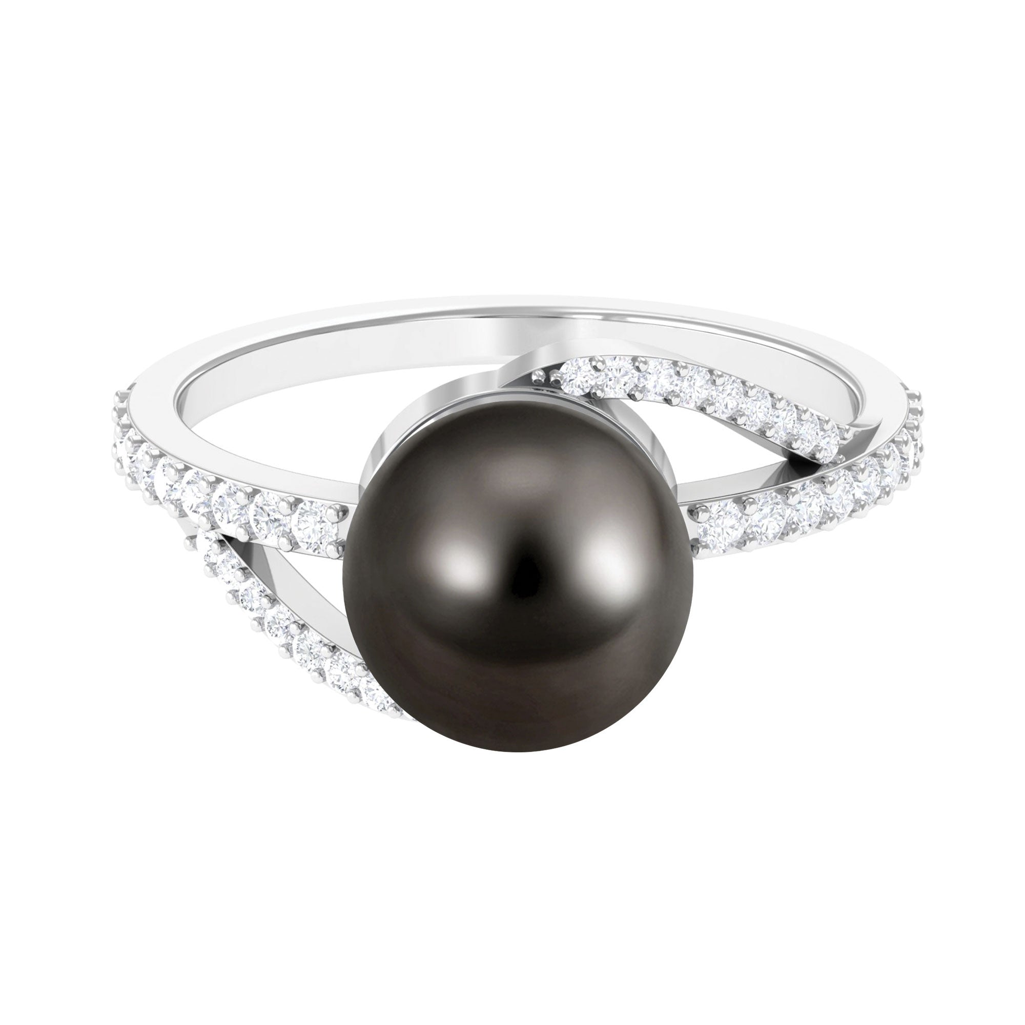 Elegant Black Pearl Solitaire Ring with Diamond Side Stones Tahitian pearl-AAA Quality - Arisha Jewels