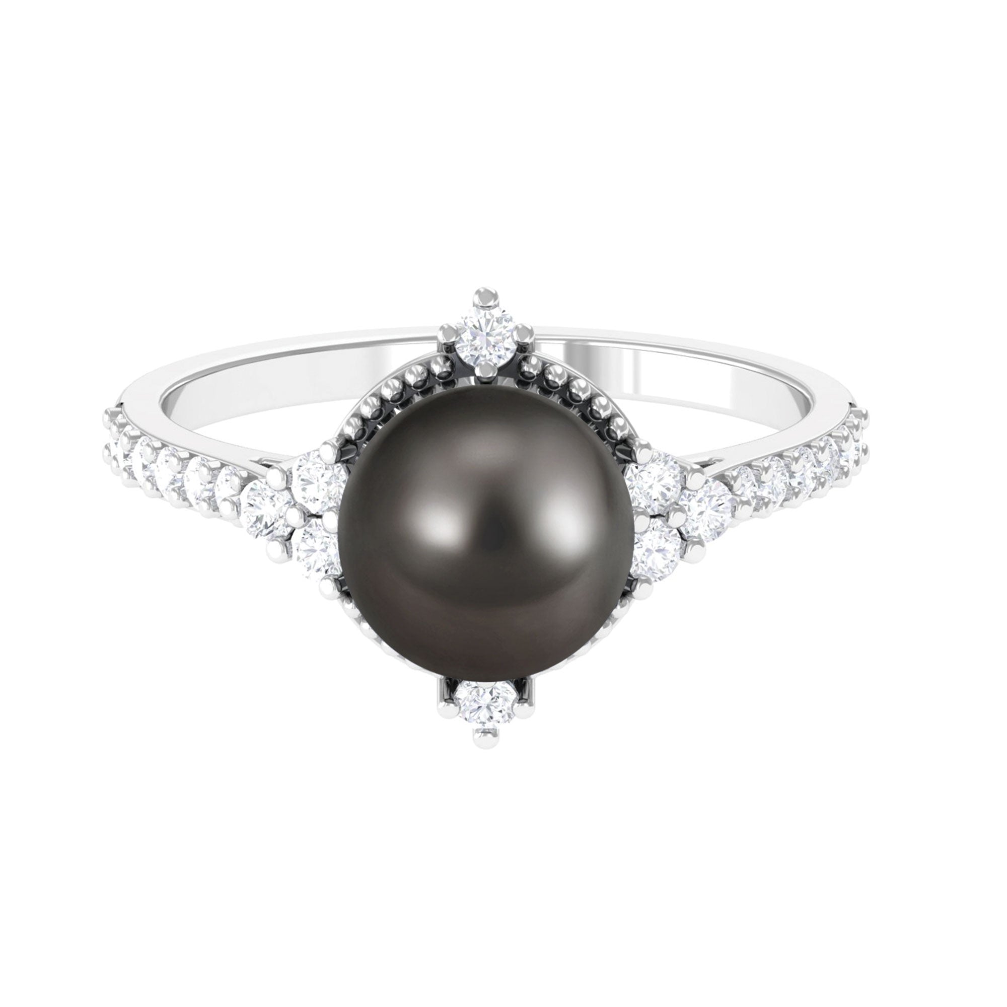 Vintage Inspired Black Pearl Ring with Diamond Tahitian pearl-AAA Quality - Arisha Jewels