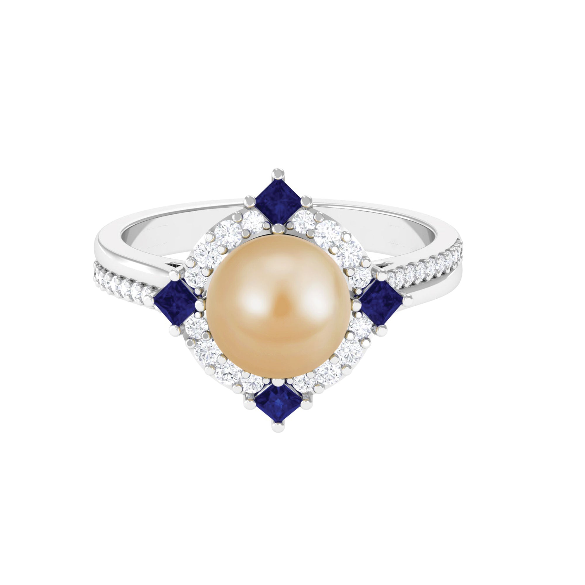 Golden Pearl Statement Halo Ring with Sapphire and Diamond South Sea Pearl-AAA Quality - Arisha Jewels
