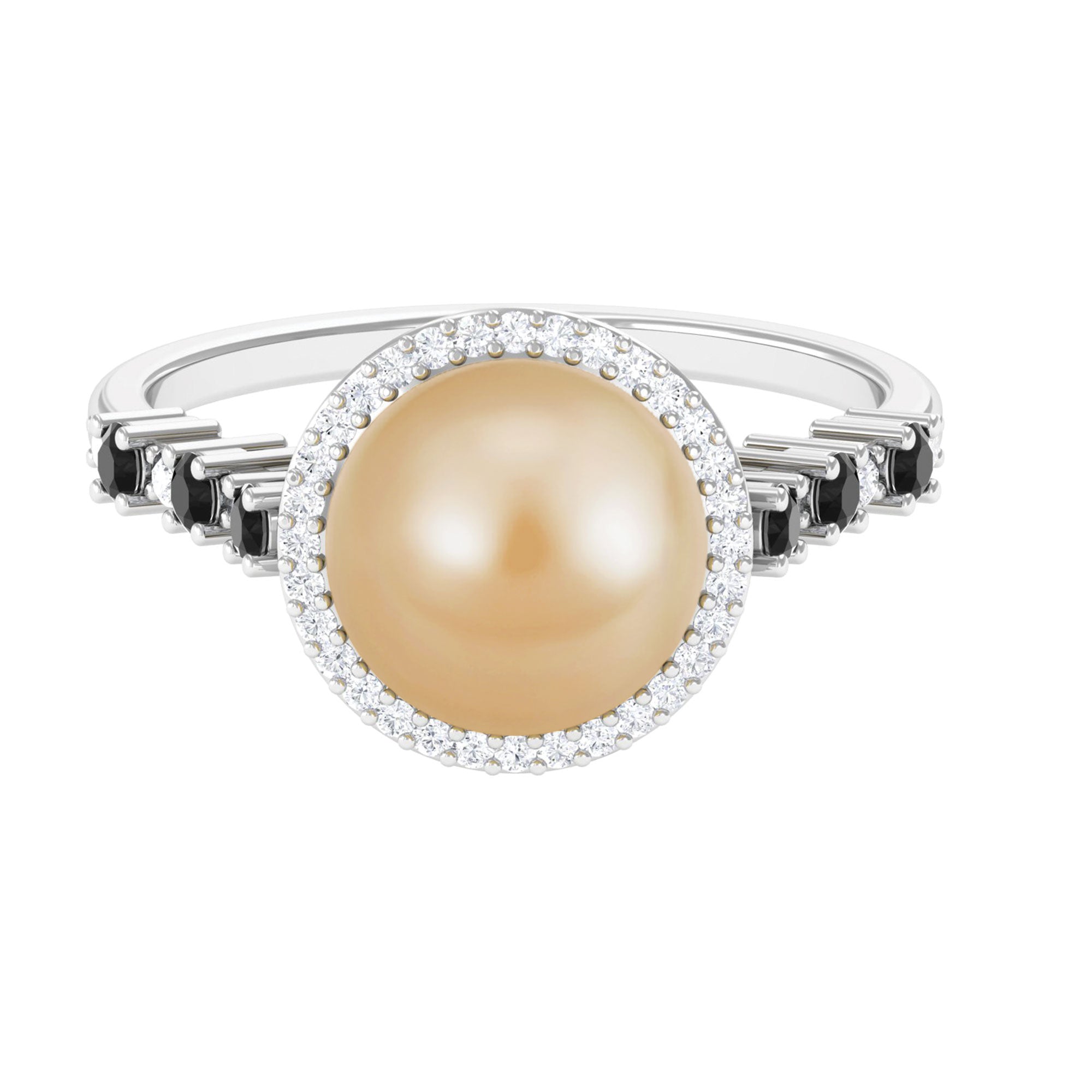 Classic South Sea Pearl Halo Ring with Black and White Diamond Accent South Sea Pearl-AAA Quality - Arisha Jewels