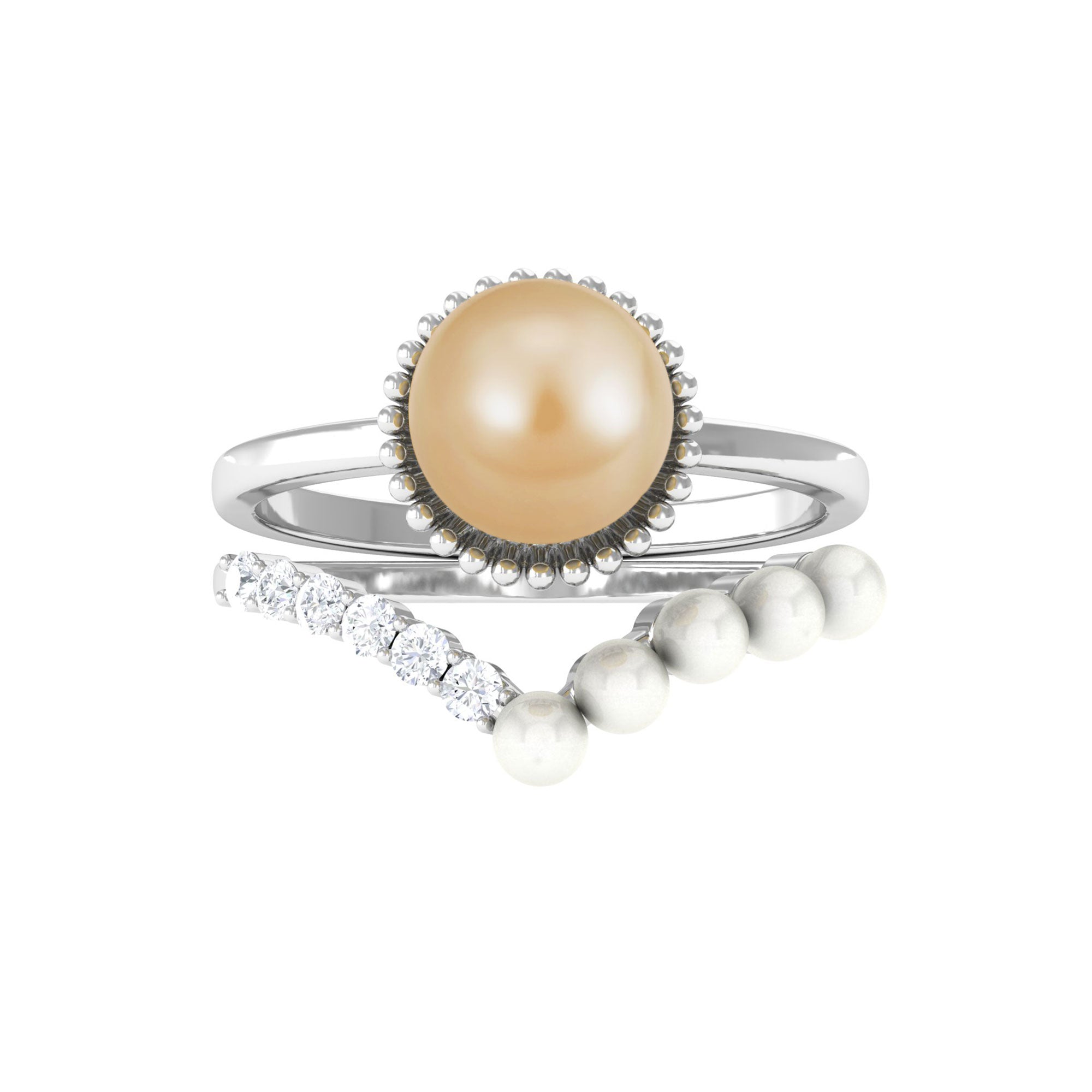 Elegant Pearl Bridal Ring Set of 2 with Diamond South Sea Pearl-AAA Quality - Arisha Jewels
