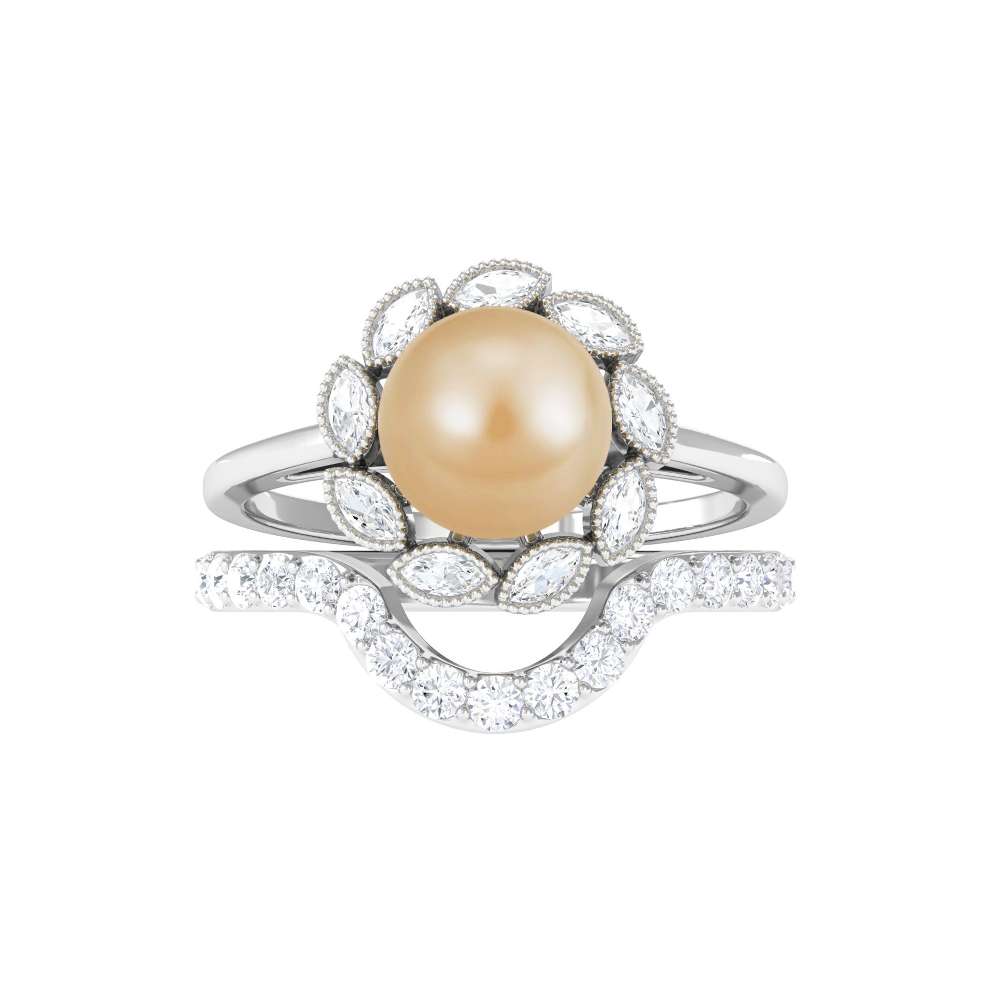 Golden Pearl Floral Bridal Ring Set with Diamond South Sea Pearl-AAA Quality - Arisha Jewels