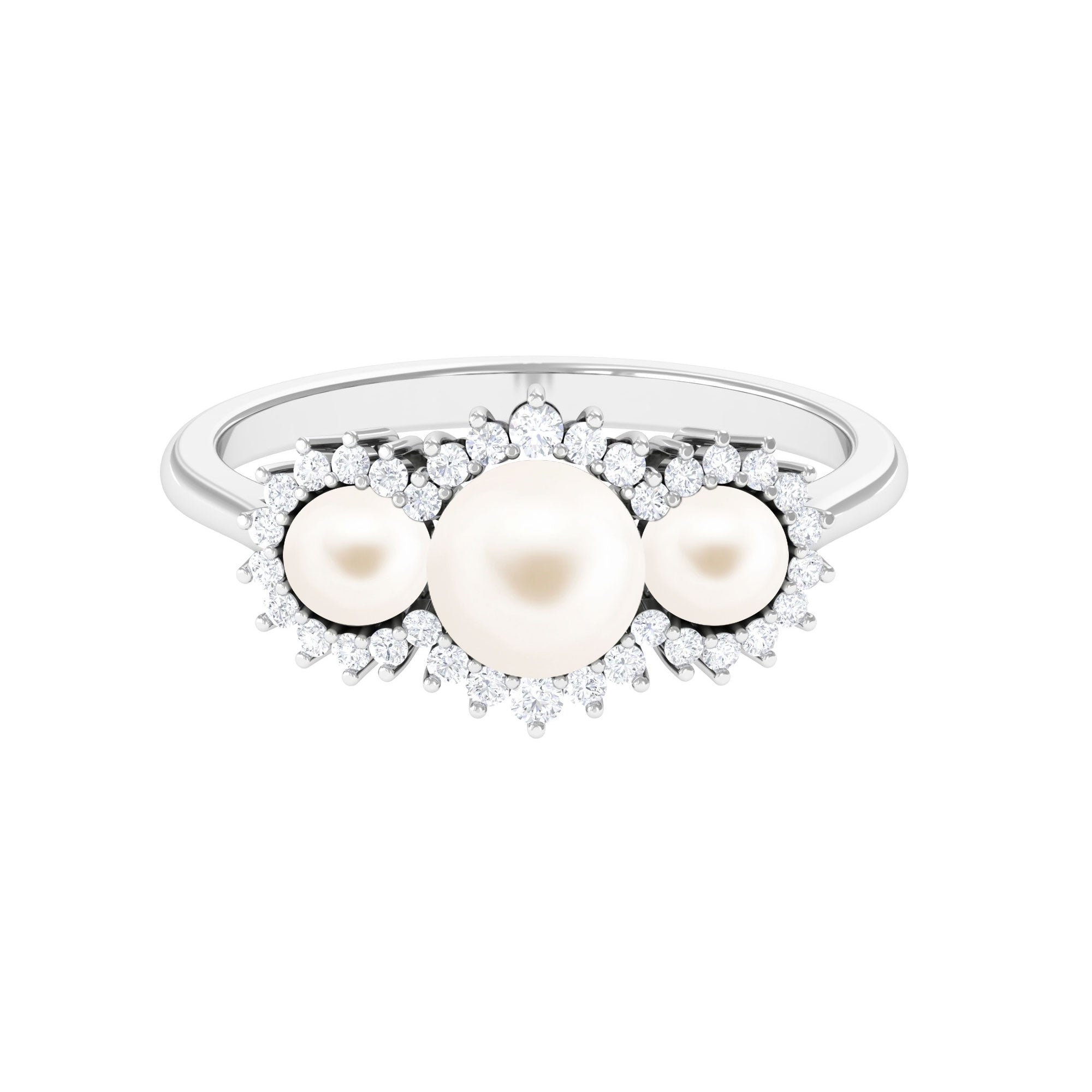 Classic Freshwater Pearl 3 Stone Engagement Ring with Diamond Freshwater Pearl-AAA Quality - Arisha Jewels